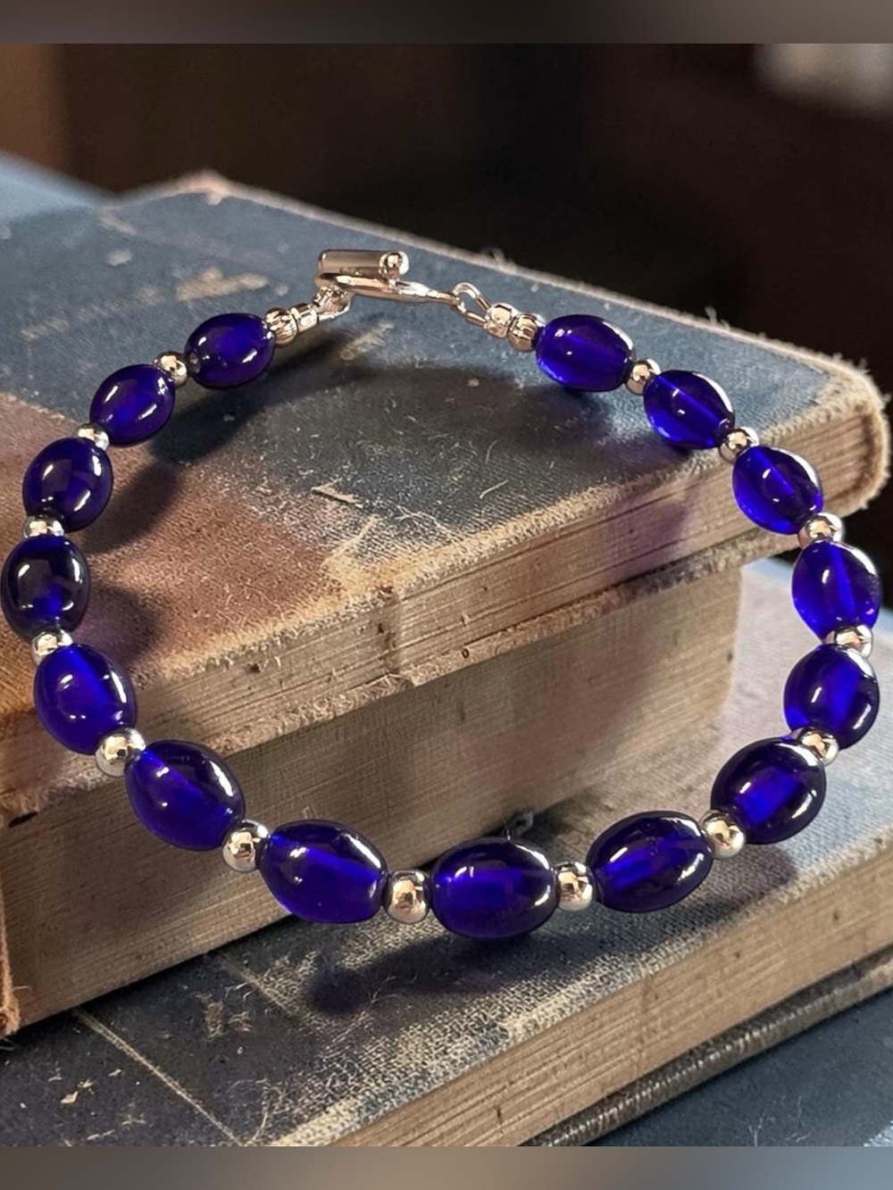 Artisan Cobalt Blue Beaded Bracelet with Silver Accents Glass Handcrafted